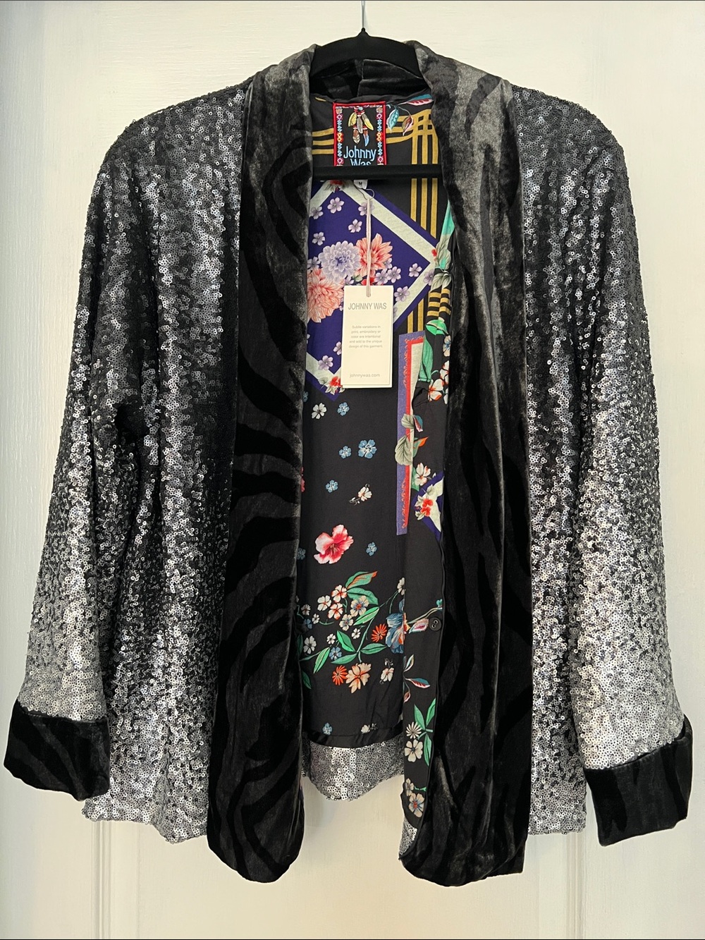 Johnny Was Sequin Plaza Kimono Black Silver Ombre Lined Jacket M NWT